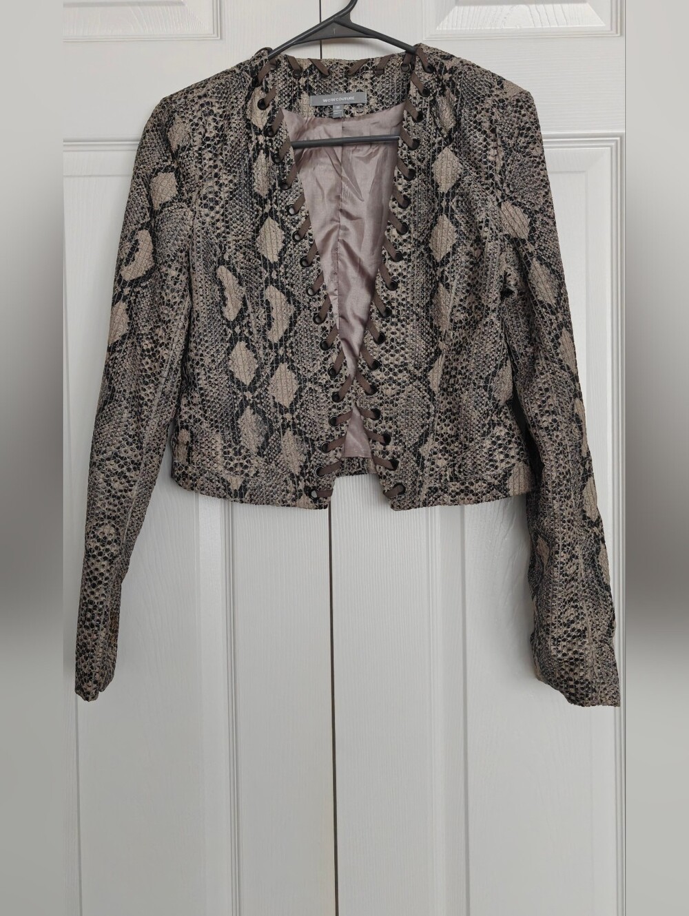 Wow Couture Snake-Print Cropped Jacket - Neutral Taupe, Size M